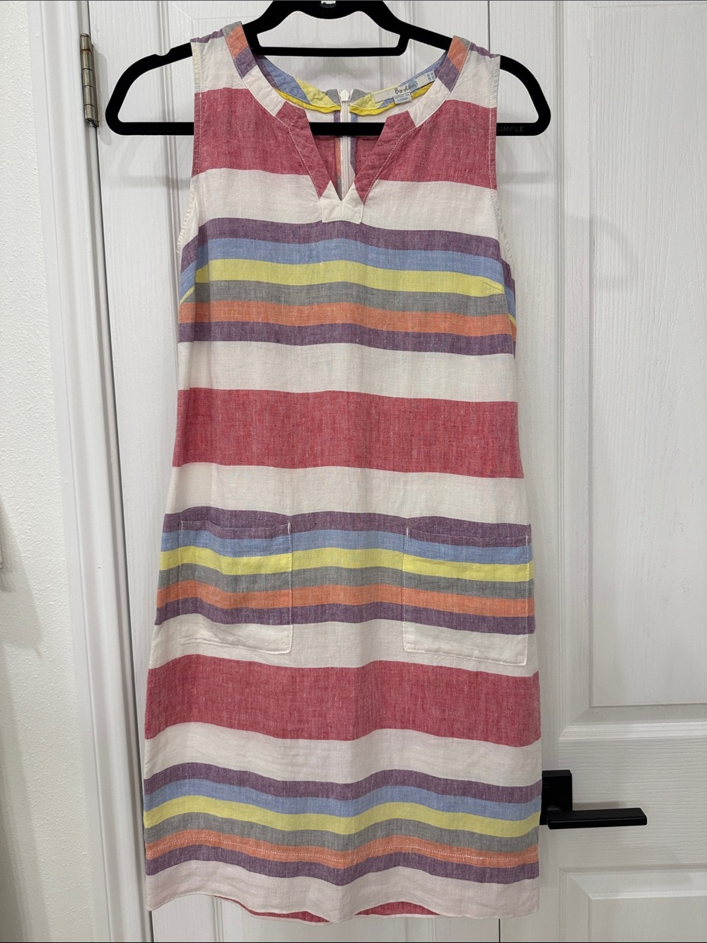 Boden Rainbow Stripe 100% Linen Shift Dress Sleeveless Pocket Dress Size 4L